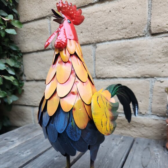 Embossed Feather Metal Rooster Statue 16" H - Picture 3 of 5